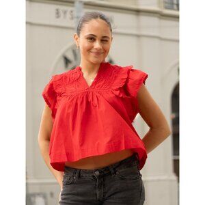Neo Noir Jayla S Voile Blouse Top Lace Ruffle Red Cotton V Neck XS-34 278254
